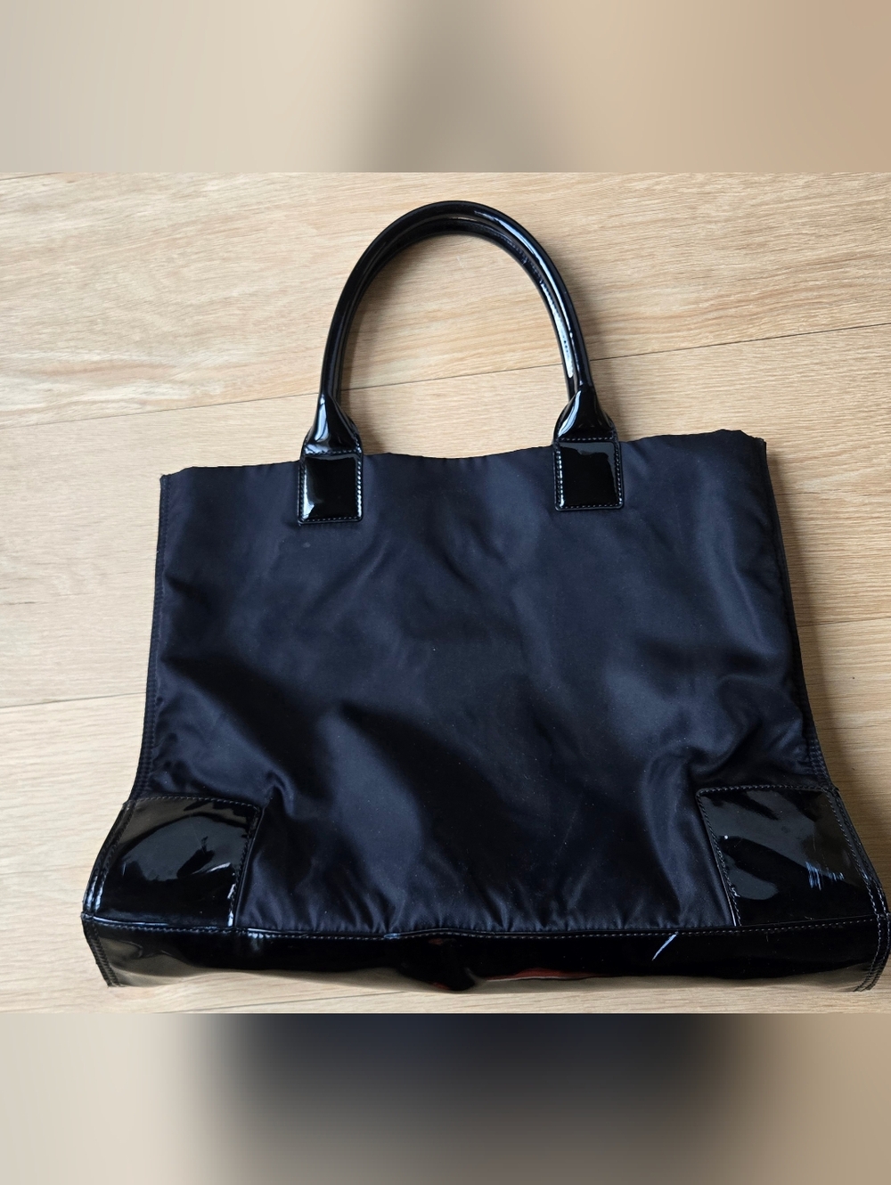Black Tory Burch Large Ella Nylon Tote with Patent Logo, Handles & Corners - Picture 6 of 16